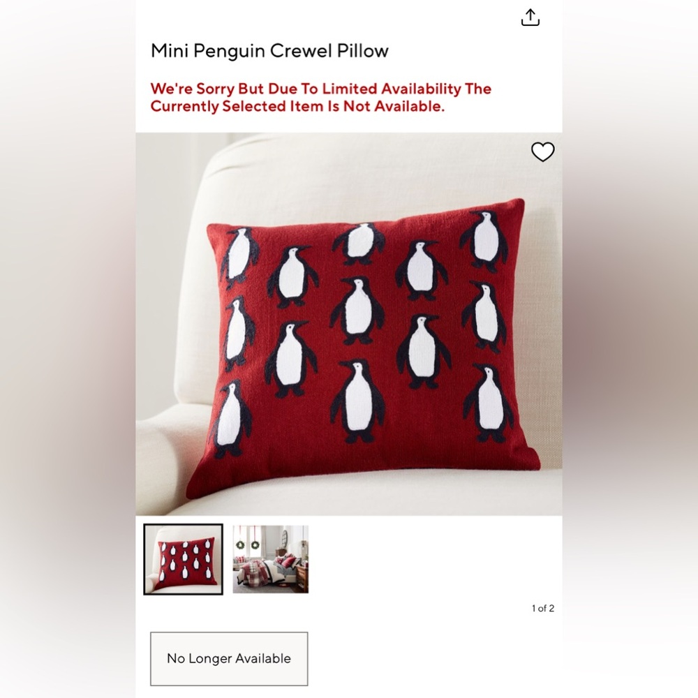New Pottery Barn Mini Crewel Embroidered Penguin Holiday Decor Pillow, 16” Red